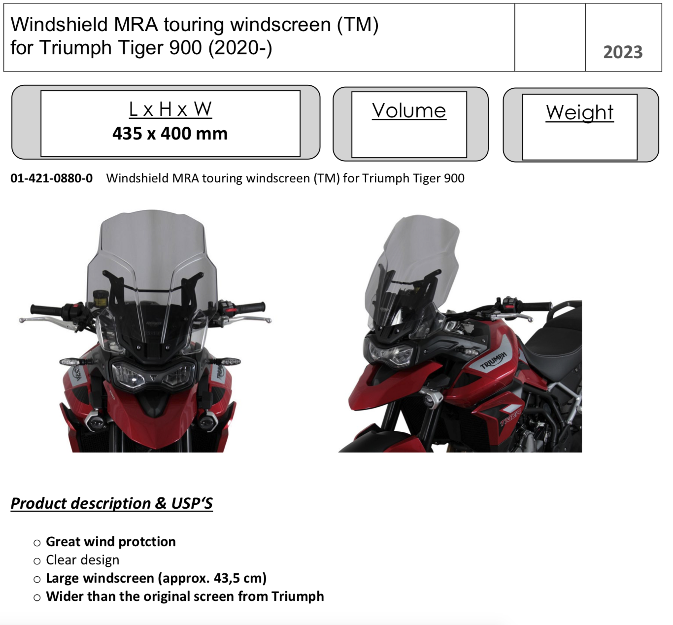 Windshield MRA touring screen TM for Triumph Tiger 900Windshield MRA touring screen TM for Triumph Tiger 900