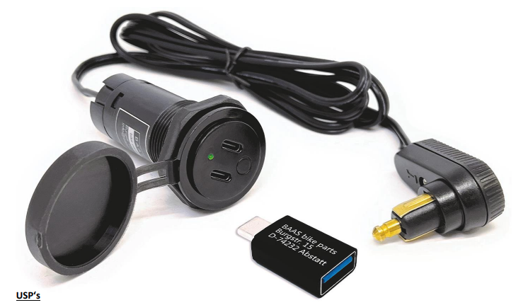 USBタンクバッグケーブル(USB-C×2、USB-Aアダプター、DIN電源ソケット用L字型プラグ付き)
