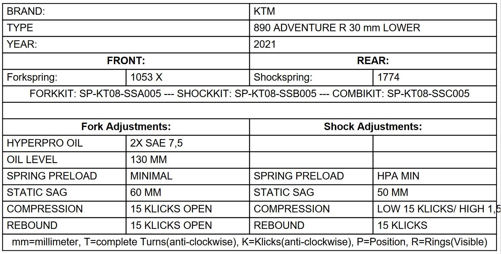 Height lowering kit -30mm for KTM 890 Adventure R from 2021 replacement springs